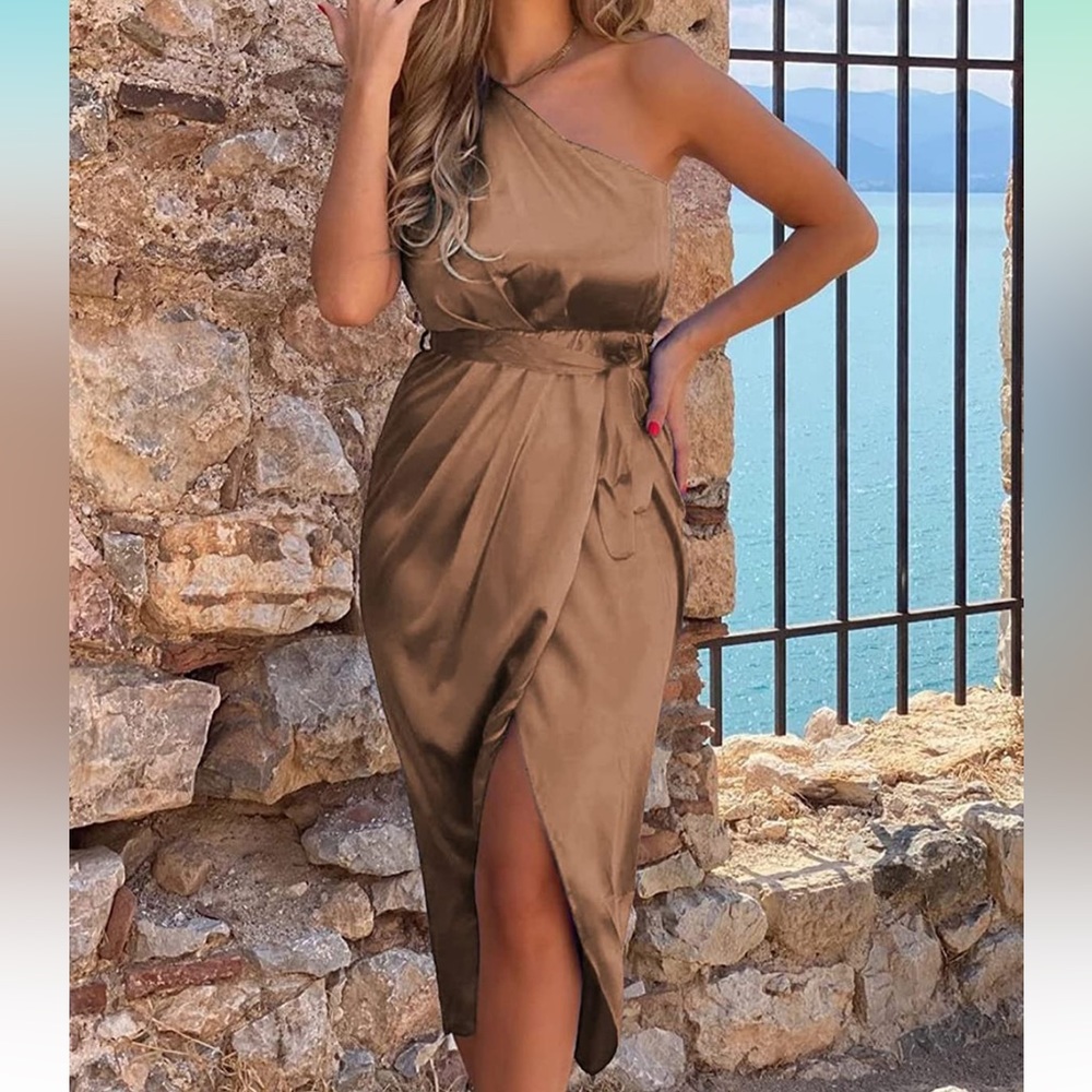 One shoulder satin midi dress